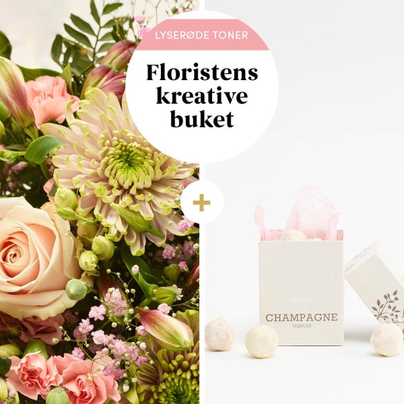 Floristens kreative buket i lyserøde nuancer med champagnetrøfler